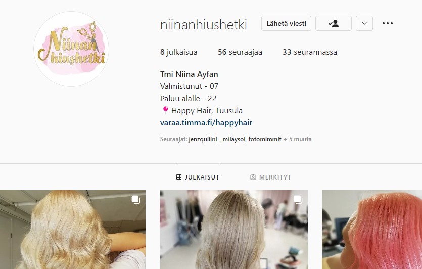 asiakkaan instagram - sivu